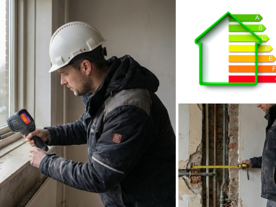 Energy label and technical building inspection with thermal imaging and structural measurement inside residential property / Inspectie van energielabel en technische staat van gebouw met thermische camera en structurele meting in woning